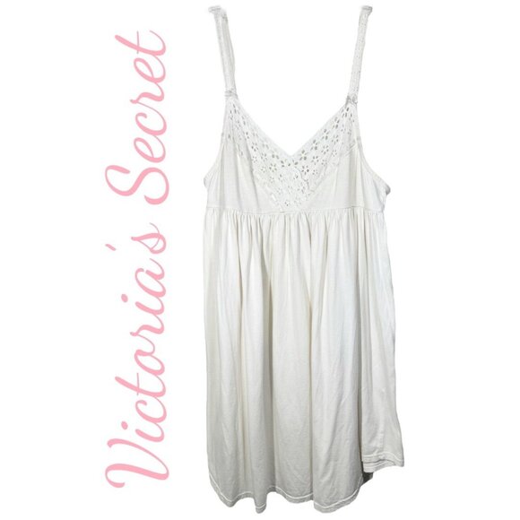 VICTORIA’S SECRET VINTAGE Y2K COTTON WHITE EYELET LACE BABYDOLL SLIP DRESS, M - Picture 1 of 12